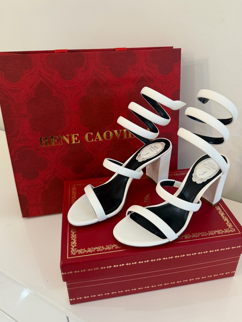 Rene Caovilla White Spiral Strap High-Heel Sandals - Picture 2 of 4